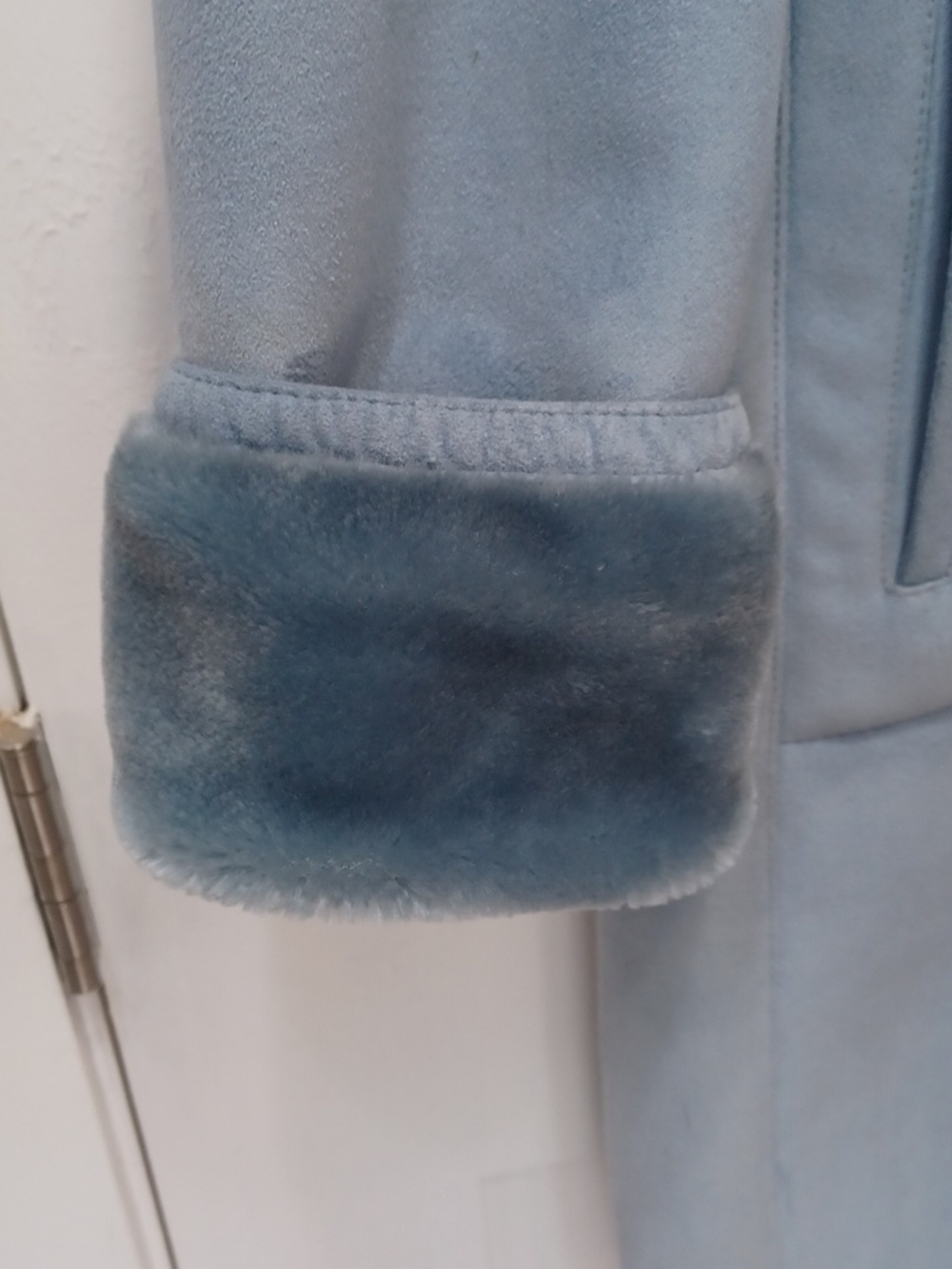 Faux Suede Leather & Velour, Blue Trench Coat Hoodie Long, Small - Medium - Picture 9 of 12